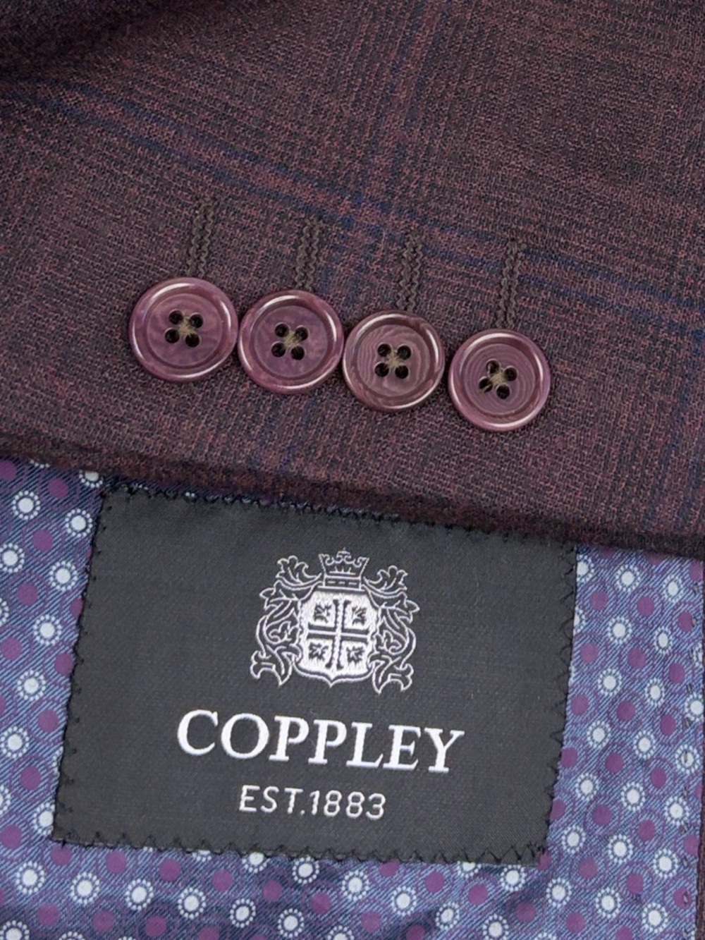 Coppley 3 Piece Suit Mens 40R 34 x 27 Maroon Red Blue Plaid Wool Vest Blazer